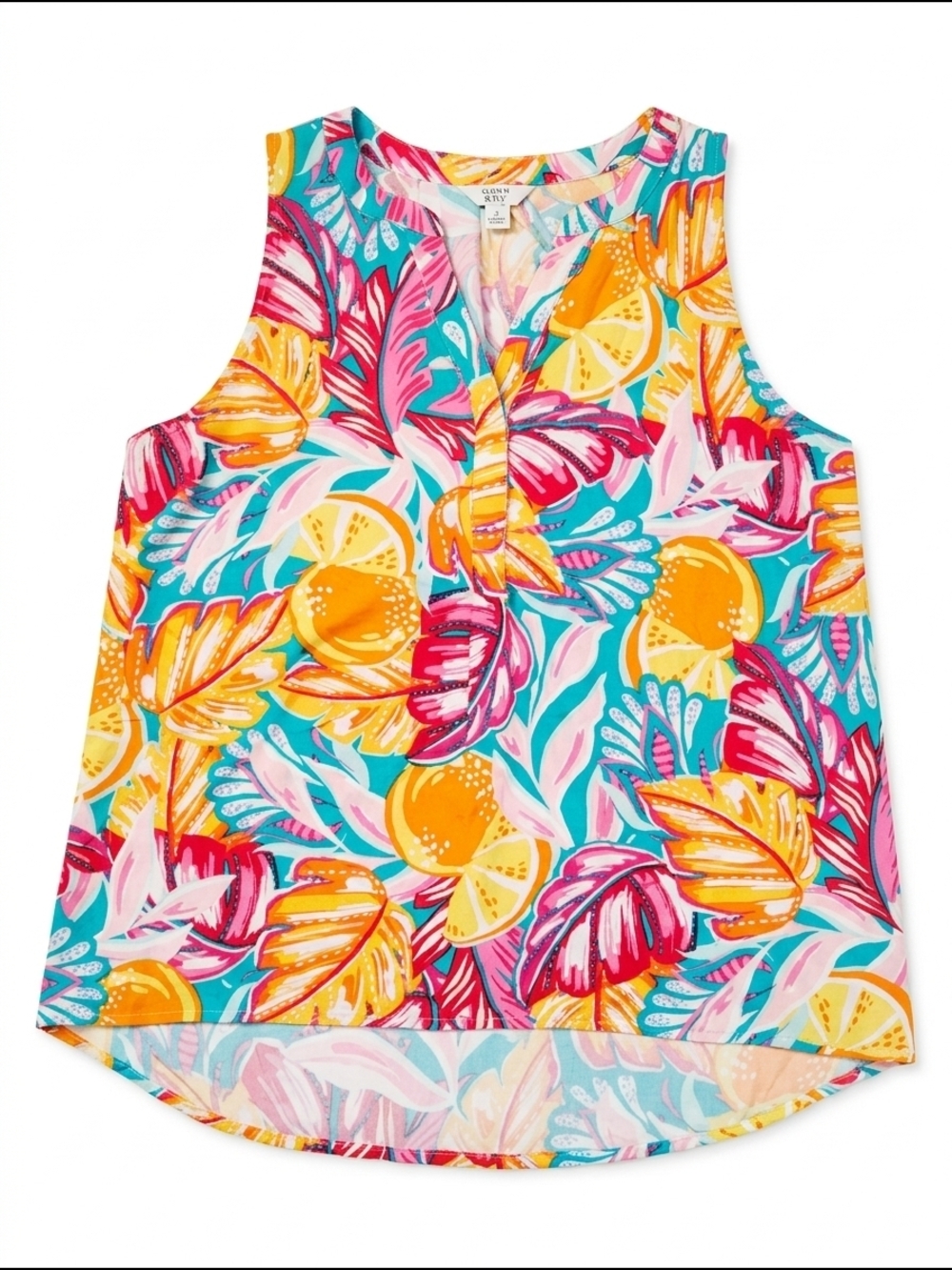 Crown And Ivy Large Tropical Citrus Print Tank Top - Teal/Multi